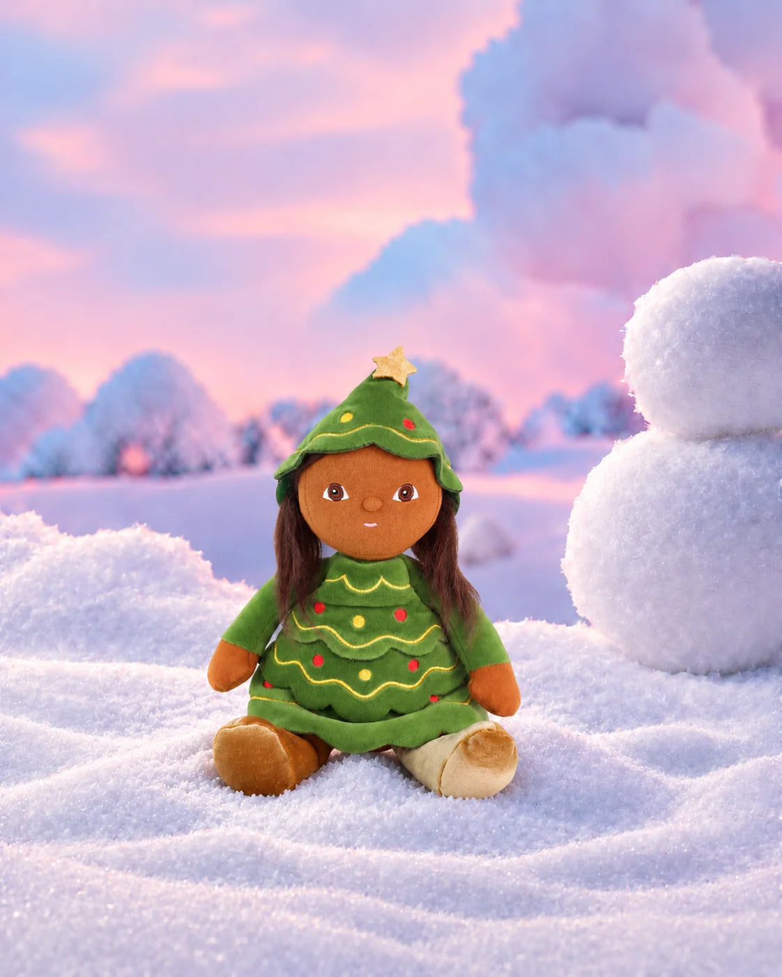 Olli Ella Holiday Hollow Eden Evergreen Dinky Dinkum doll in snowy Christmas landscape with festive friends