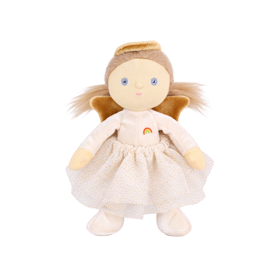 Close up of Olli Ella Dinky Dinkum Aria Angel showing embroidered facial features and soft angel hood