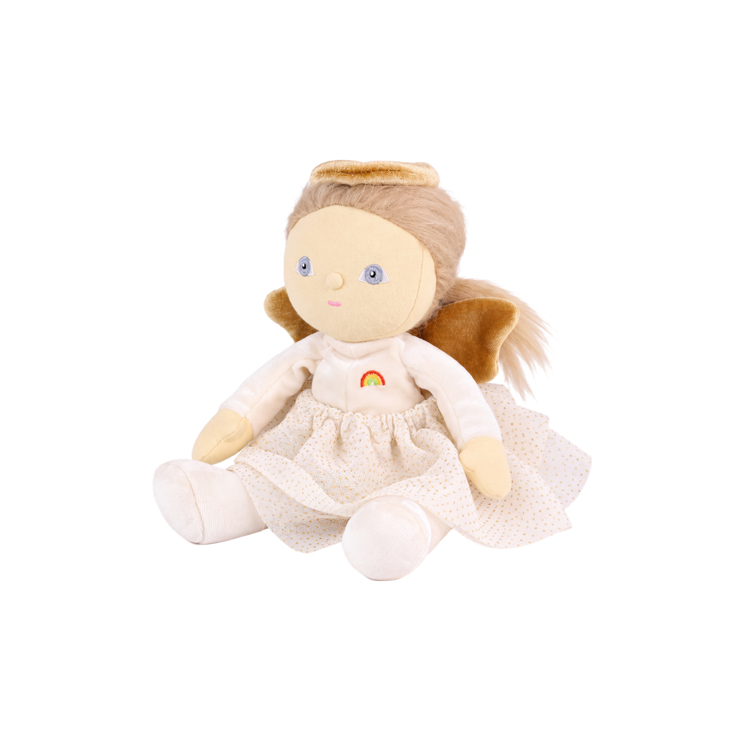 Olli Ella Aria Angel Dinky Dinkum mini doll posed sitting up for festive Christmas pretend play with soft flowing dress