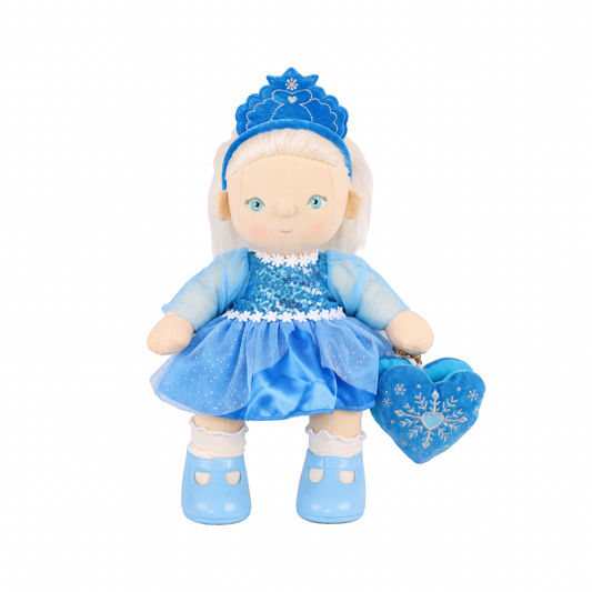 Olli Ella Dream Dinkum Doll Elsie Ice dressed in blue sequin dress, crown and holding heart locket