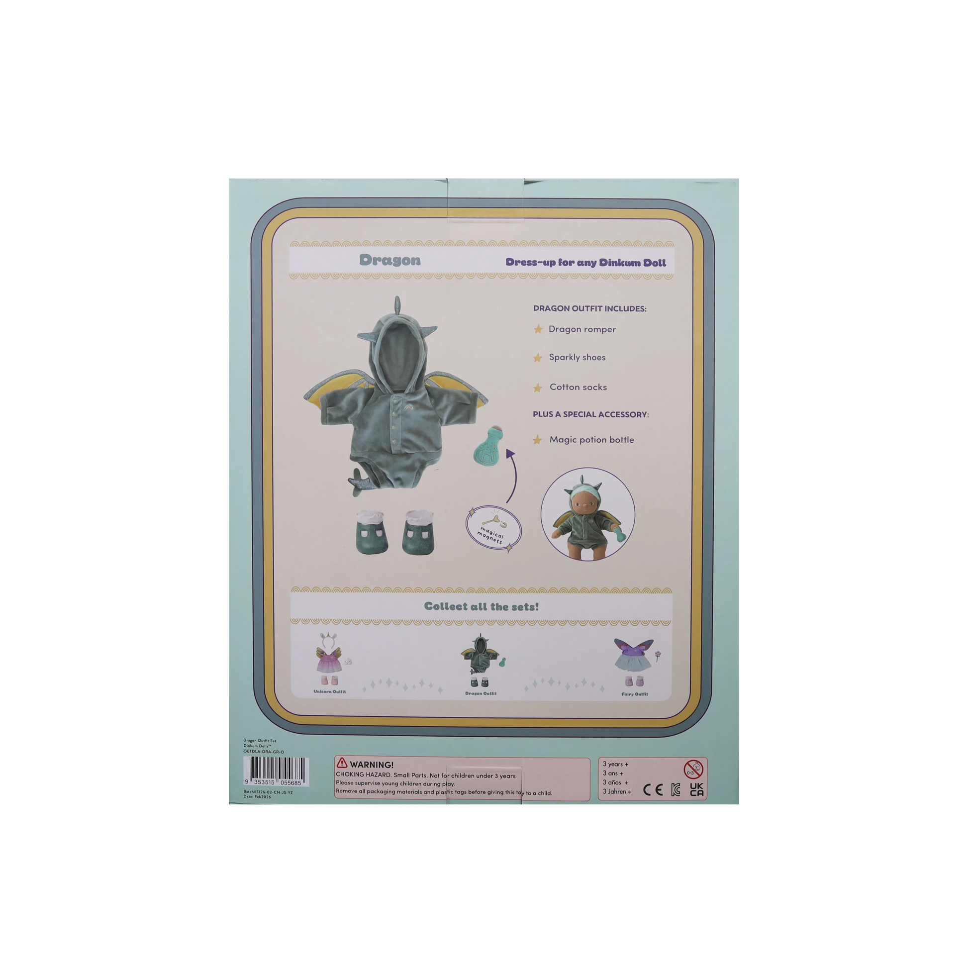 Dragon outfit packaging with instructions on a light blue background