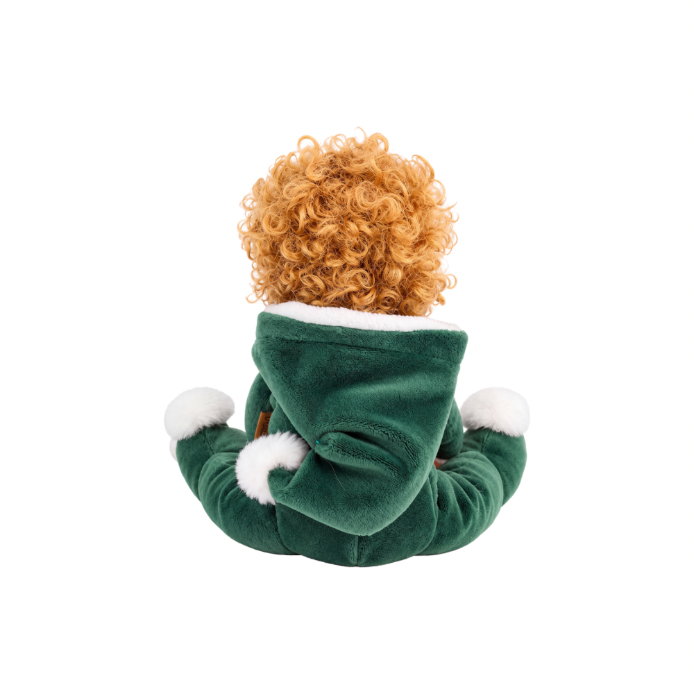 Back of Olli Ella Ezra Elf Dinky Dinkum mini doll posed sitting up for festive Christmas pretend play