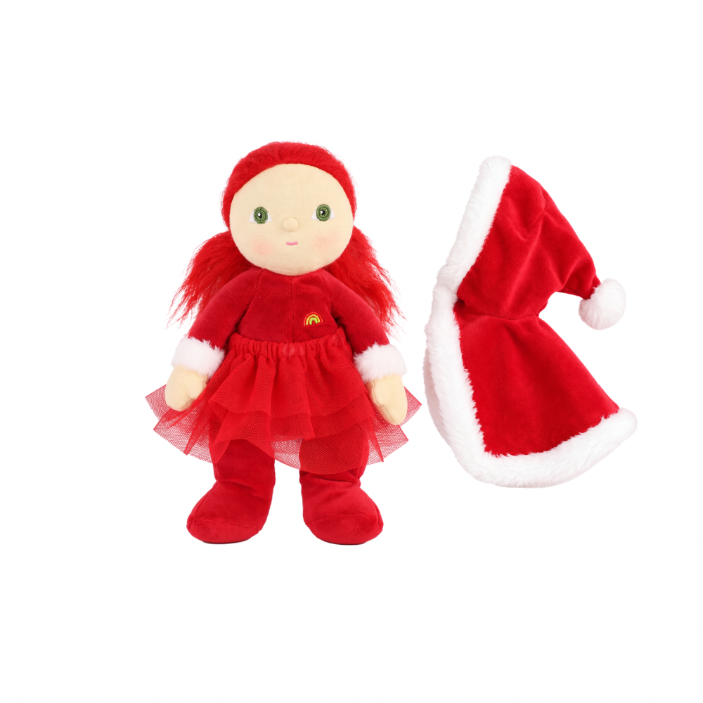 Olli Ella Carol Claus Dinky Dinkum doll showing fully removable red hooded cape taken off for dress up play
