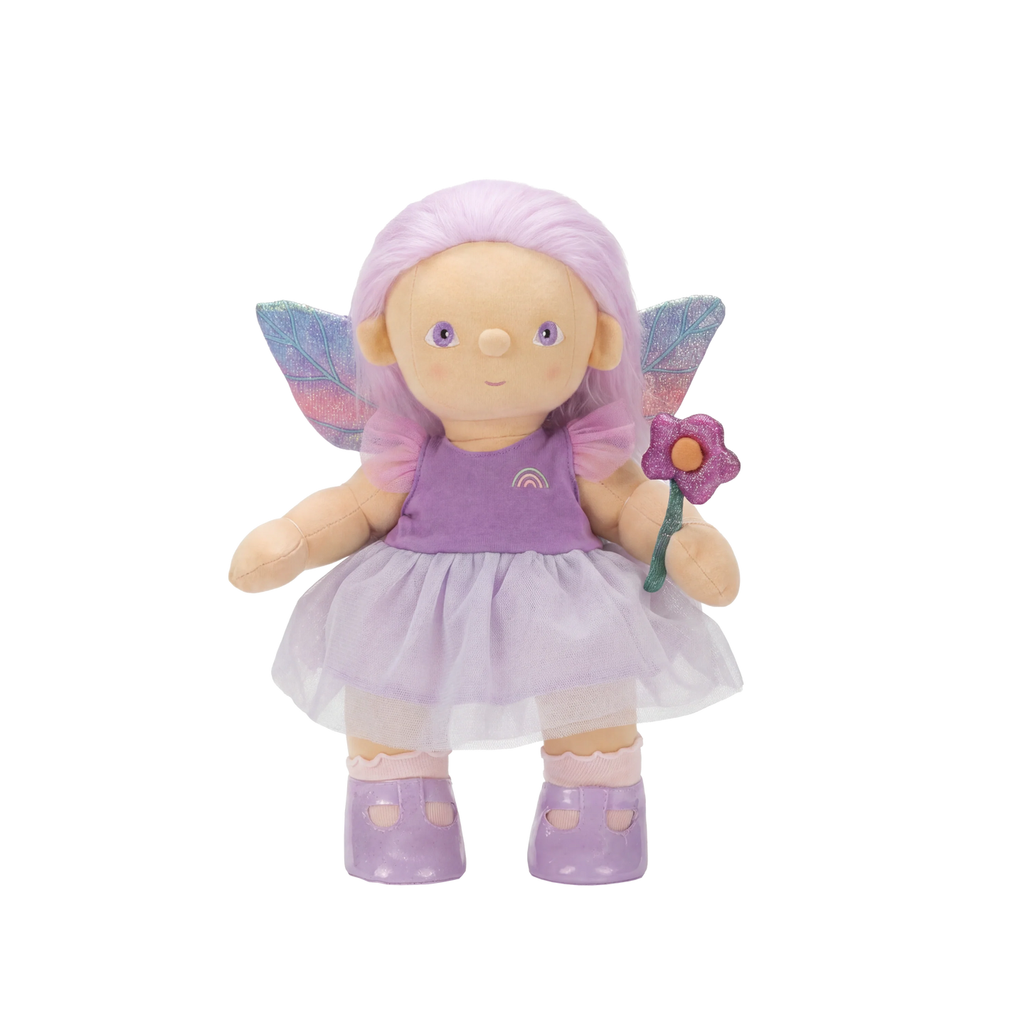 Fairy doll with purple hair, wings, and dress holding a flower on a white background
