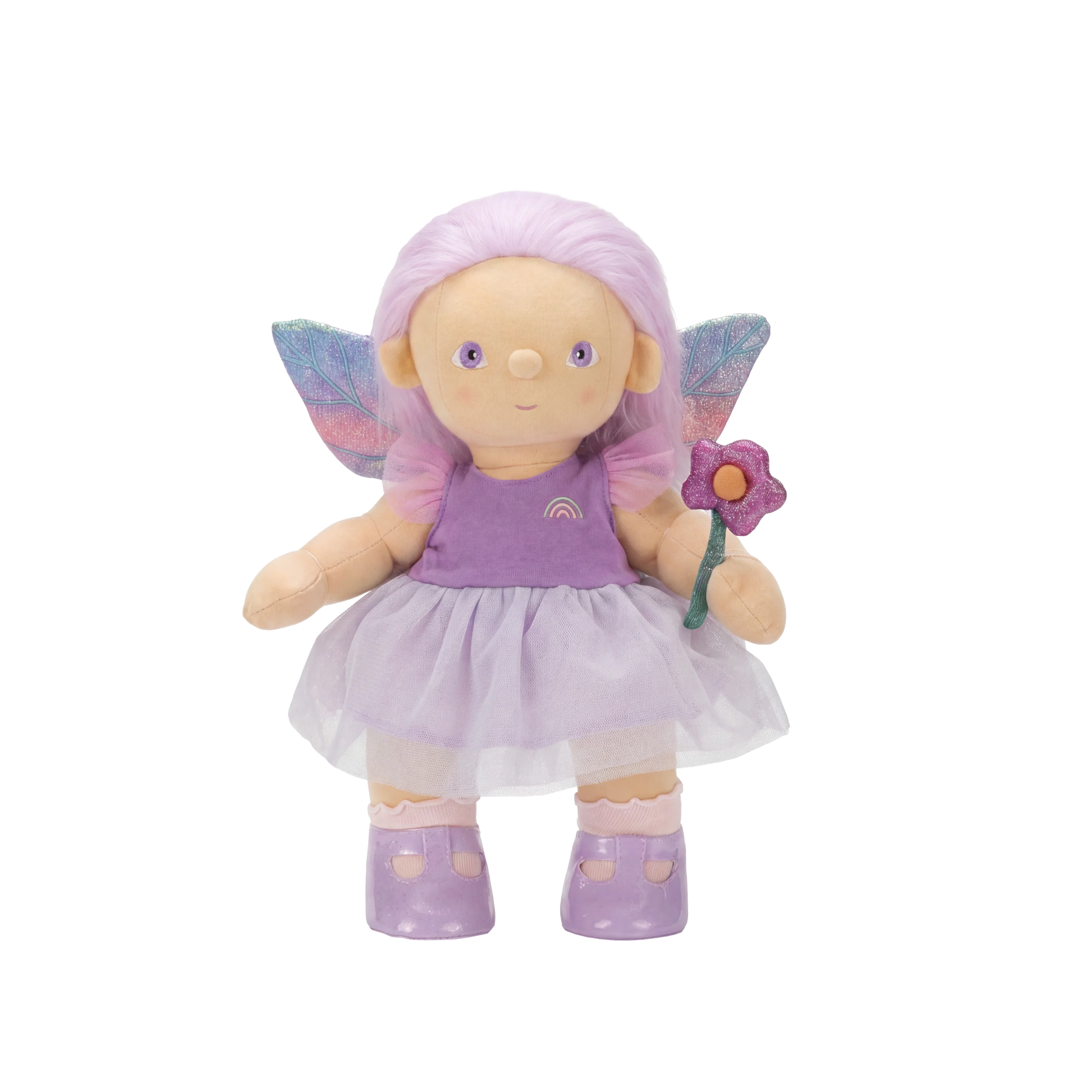 Fairy doll with purple hair, wings, and dress holding a flower on a white background