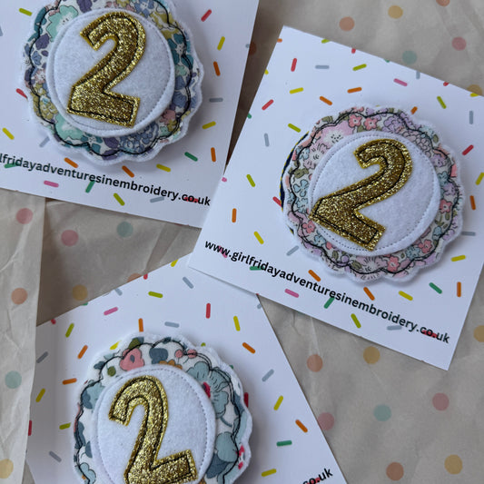Girl Friday Embroidery Glitter Liberty Print number birthday badge - Age 2