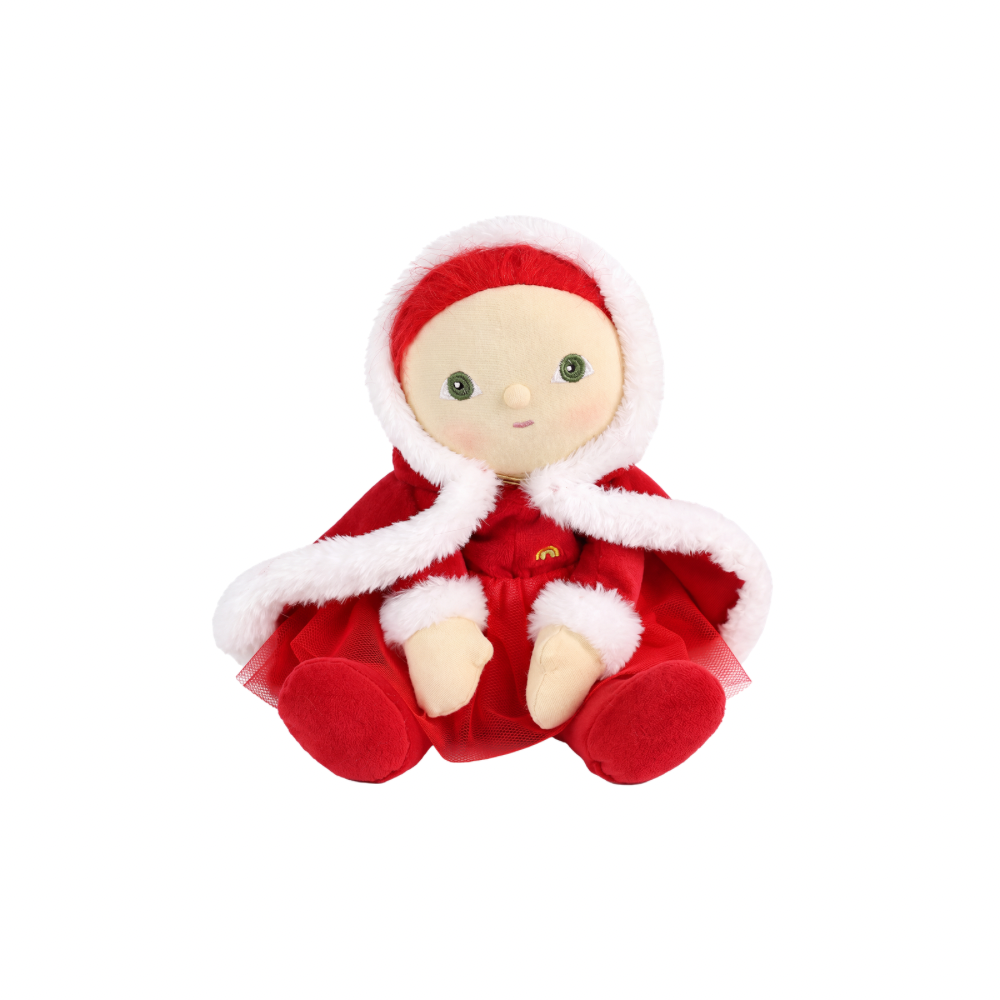 Olli Ella Dinky Dinkum Carol Claus sitting in red dress with white faux fur trim hood