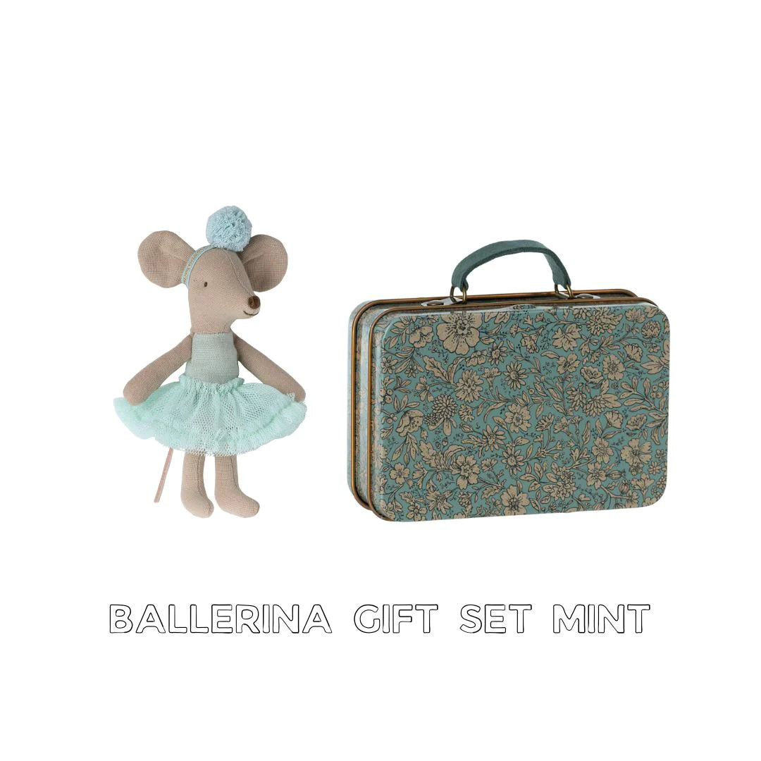 Maileg FW23 ballerina mint mouse with a little suitcase tin bundle gift set, perfect ballerina little girl present