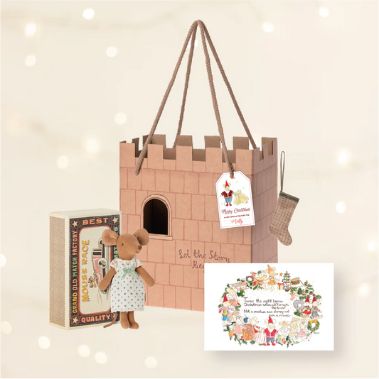 Maileg Christmas eve box with Maileg big sister mouse and exclusive maileg christms print