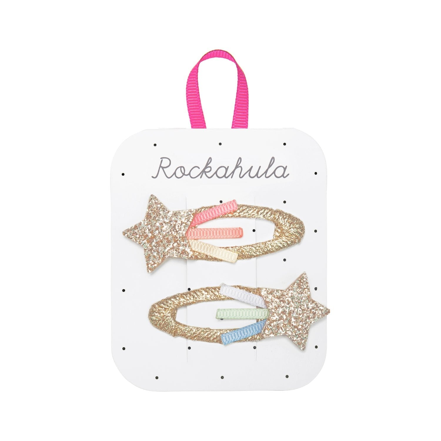 Rockahula kids set of gold sparky hair clips with a shooting stat with rainbow ribbon detail
