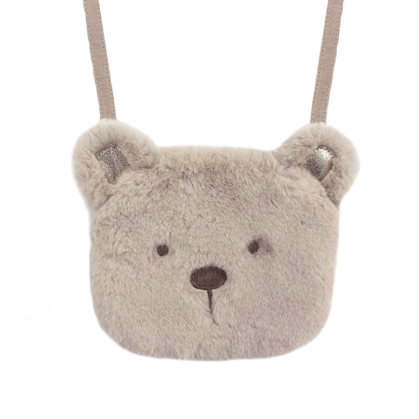 Rockahula kids faux fur teddy bear shaped bag with brown sticked detail eyes and nose, complete with a crossbody brown strap