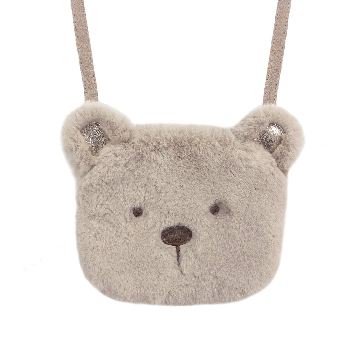 Rockahula kids faux fur teddy bear shaped bag with brown sticked detail eyes and nose, complete with a crossbody brown strap