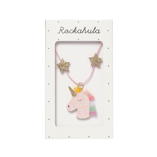 Rockahula kids Unicorn-shaped necklace with glittery gold star pendants on a pink branded card.