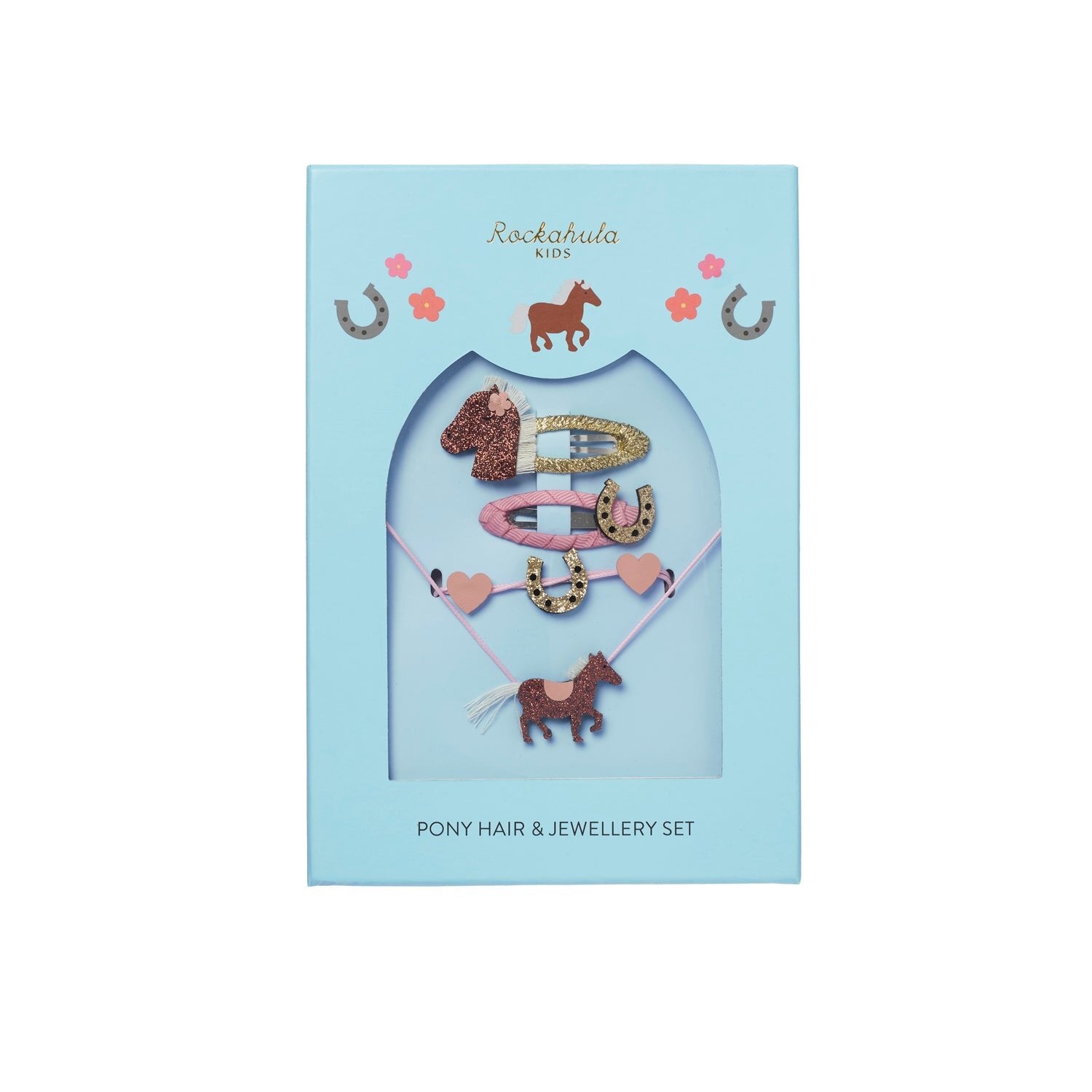 Rockahula kids equestrian horse themed childrens jewellery and hair accessories set. Blue gift packaging with a glitter horse necklace, horseshoe bracelet, horseshoe detail hair clip with pink clip and sparkly gold horse head hair clip