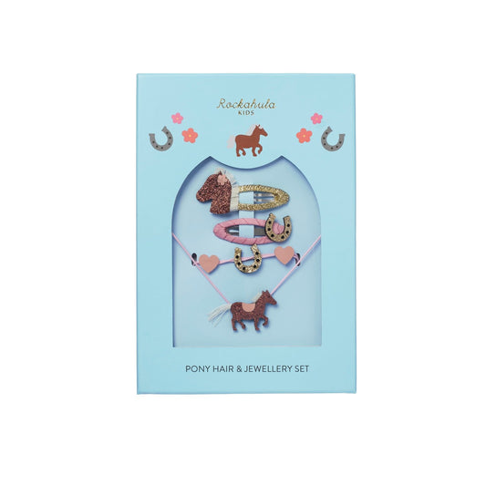 Rockahula kids equestrian horse themed childrens jewellery and hair accessories set. Blue gift packaging with a glitter horse necklace, horseshoe bracelet, horseshoe detail hair clip with pink clip and sparkly gold horse head hair clip