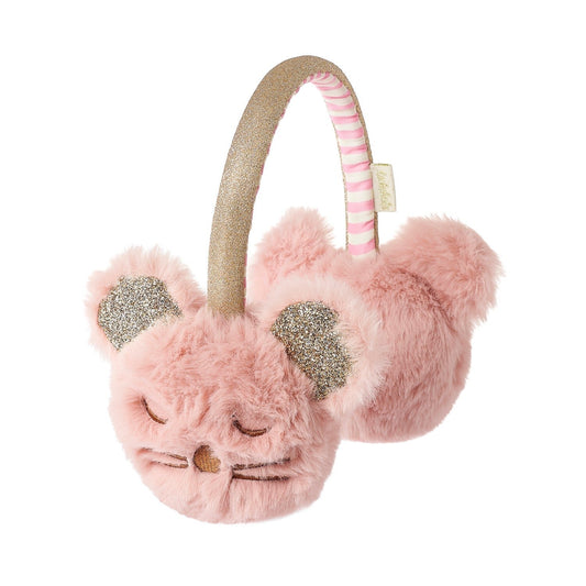 Pink faux fur fluffy mouse animal themed ear muffs, with glittery detail and a comfort headband for winter warmth