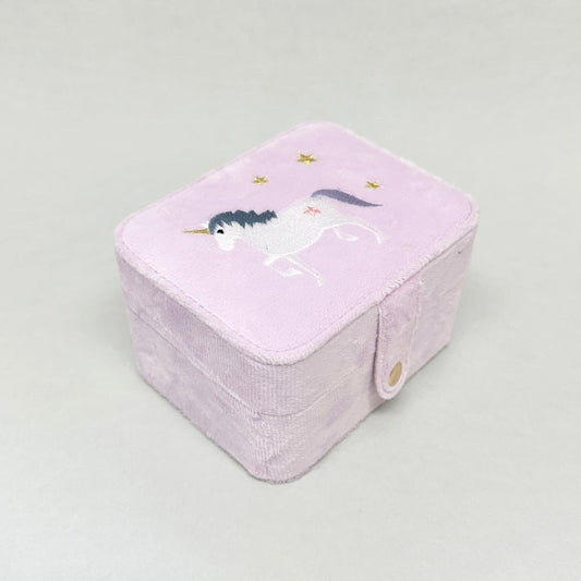 Unicorn theme pink velvet jewellery box with spaces for rings and childrens jewellery. white unicorn with golden stars 
