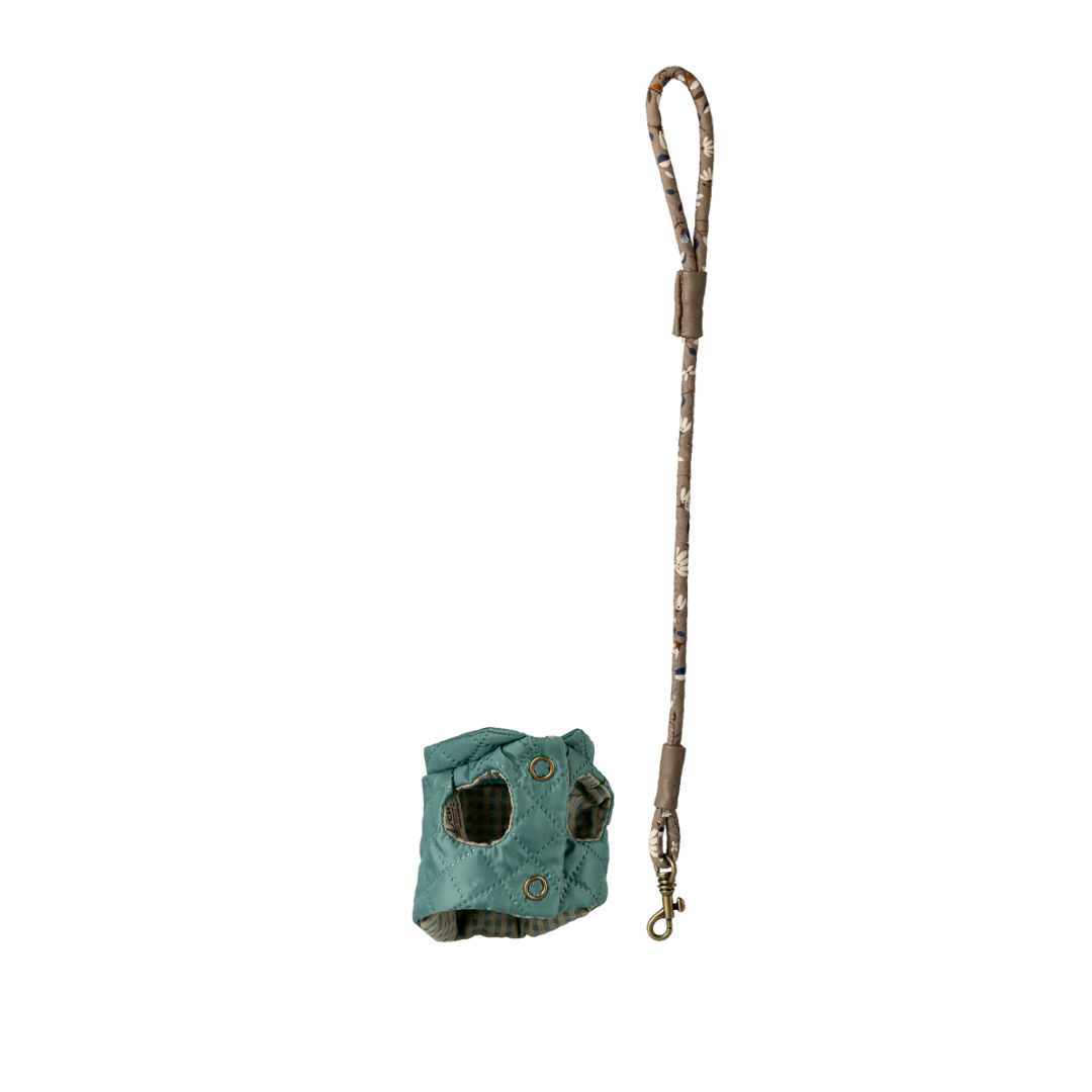 Maileg Pet supply, Harness and leash - Dark mint