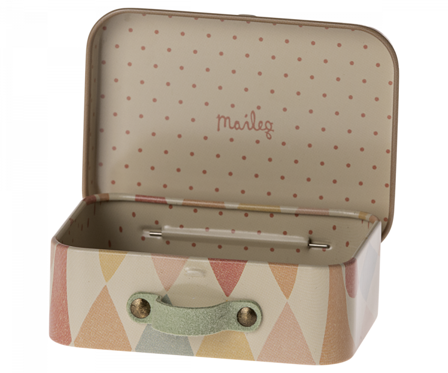Maileg SS24 Metal Suitcase, Micro, Harlequin open tin, spotty inside