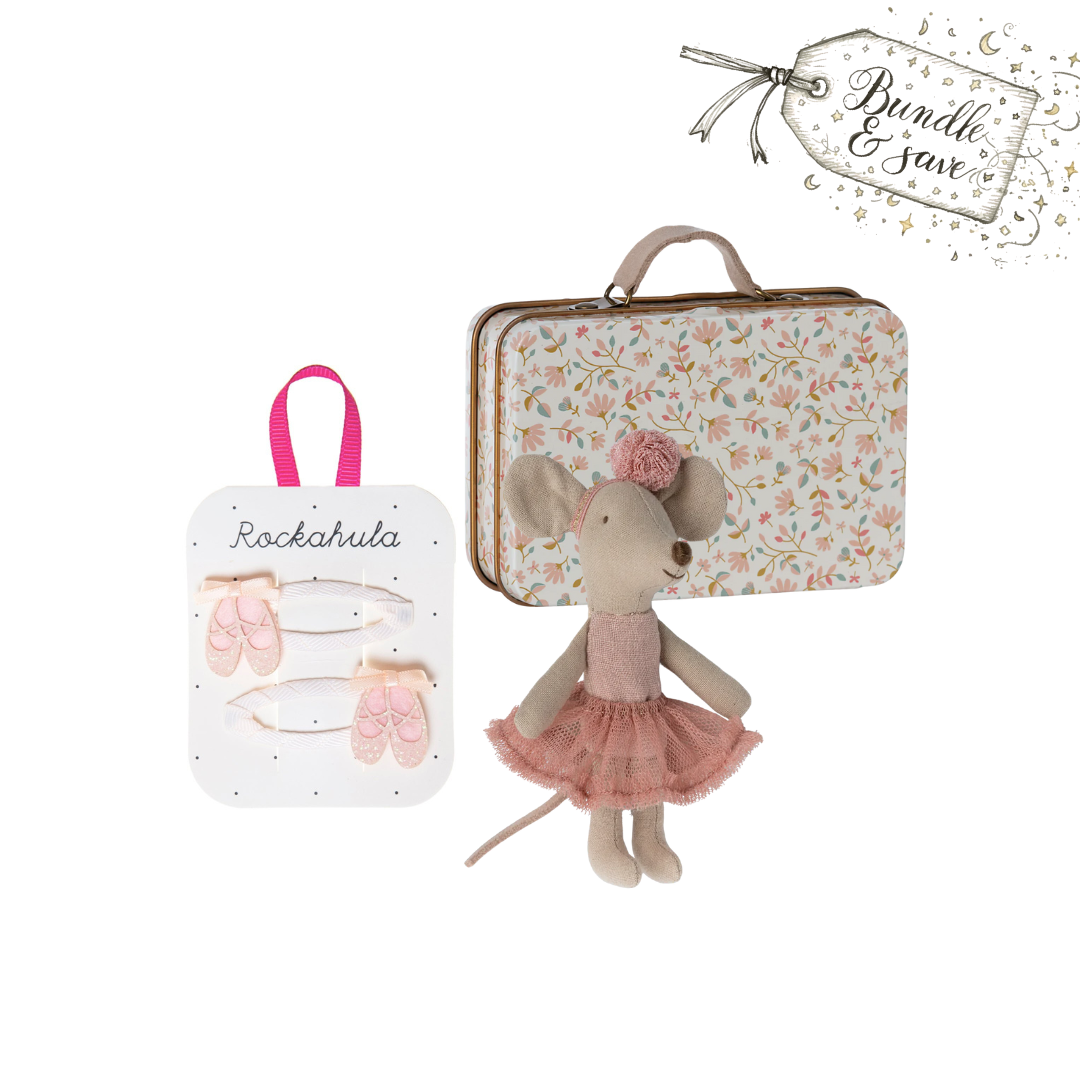 The image shows a Ballerina Mini Treat Box which includes a Maileg Ballerina Little Sister Mouse in a rose outfit, a Maileg Merle Suitcase tin with a floral pattern, and a set of Rockahula Ballerina Hair Clips. The items are displayed against a white background.

