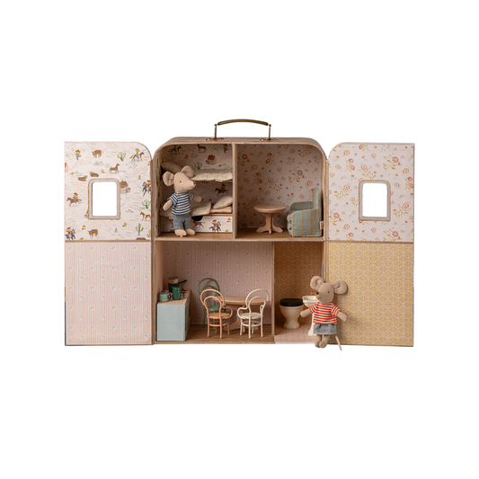 Maileg Suitcasa on the go suitcase Maileg dollshouse. Portable Maileg house with bedding. Maileg play set fitting Maileg mouse furniture and mice from Maileg autumn winter 2025 collection