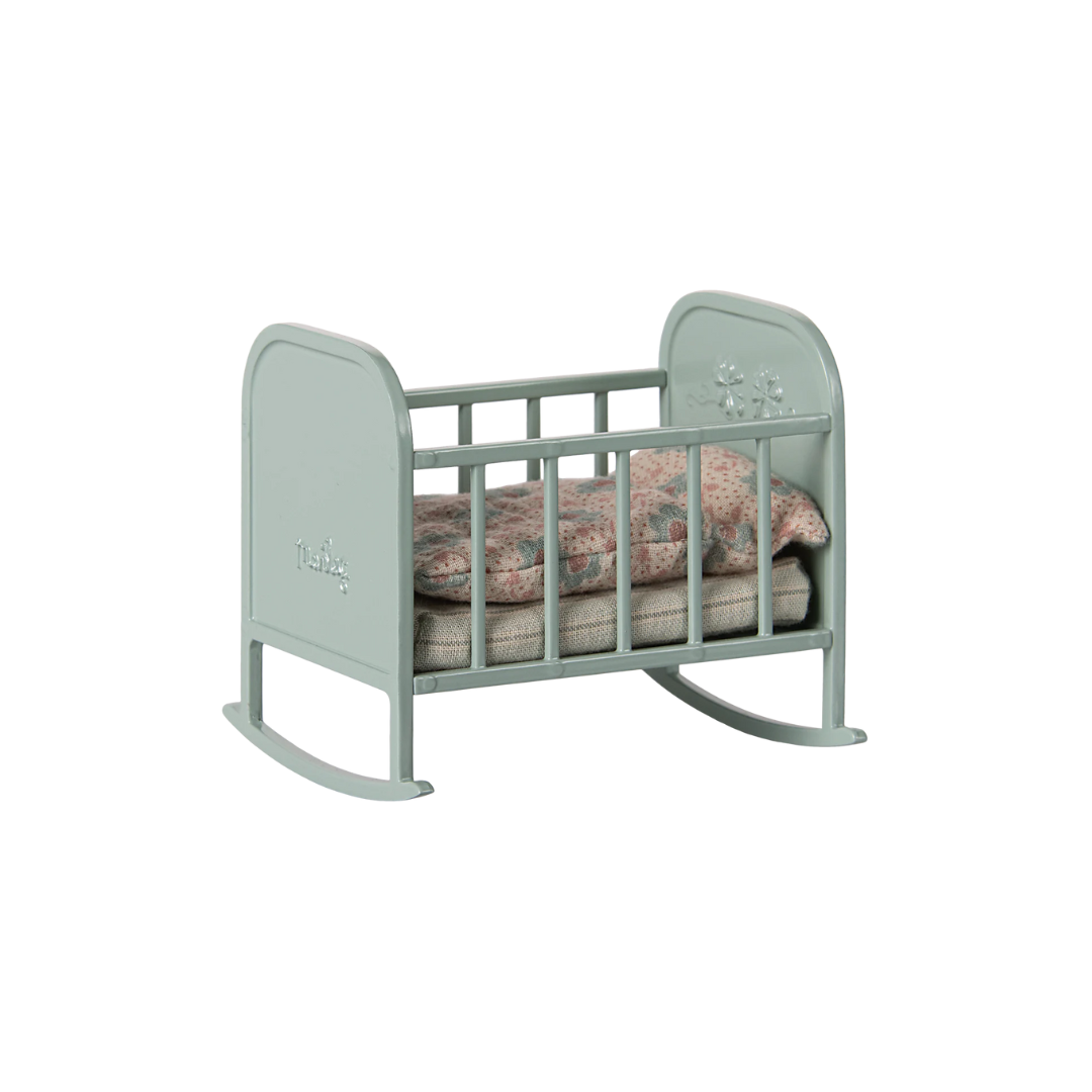 Maileg My Baby Cradle in blue mint - Rocking Cradle with floral bedding, from Mouse in a Box Maileg SS25
