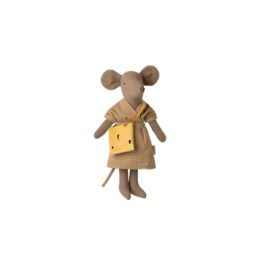 Maileg mum mouse with a brown dress and yellow cheese handbag, from the Spring Summer 2025 collection.