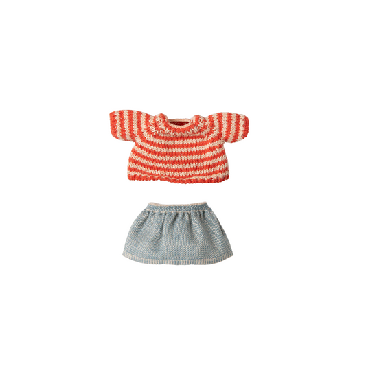  Maileg Big Sister Mouse with this adorable knitted sweater and skirt set, red stripe top and blue skirt, Maileg SS25 dress up