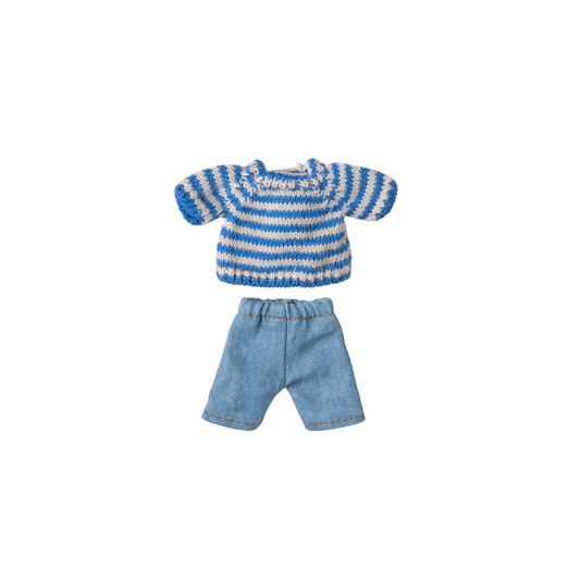 Maileg Big Brother Mouse Red Stripe Knitted Sweater & Blue Trouser Set | Maileg dress up big brother outfit