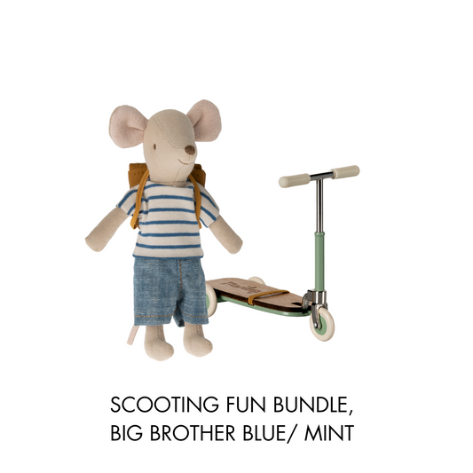 Maileg Scooting Fun Bundle, Big Brother Blue striped top mouse and a Maileg  scooter kickboard in mint
