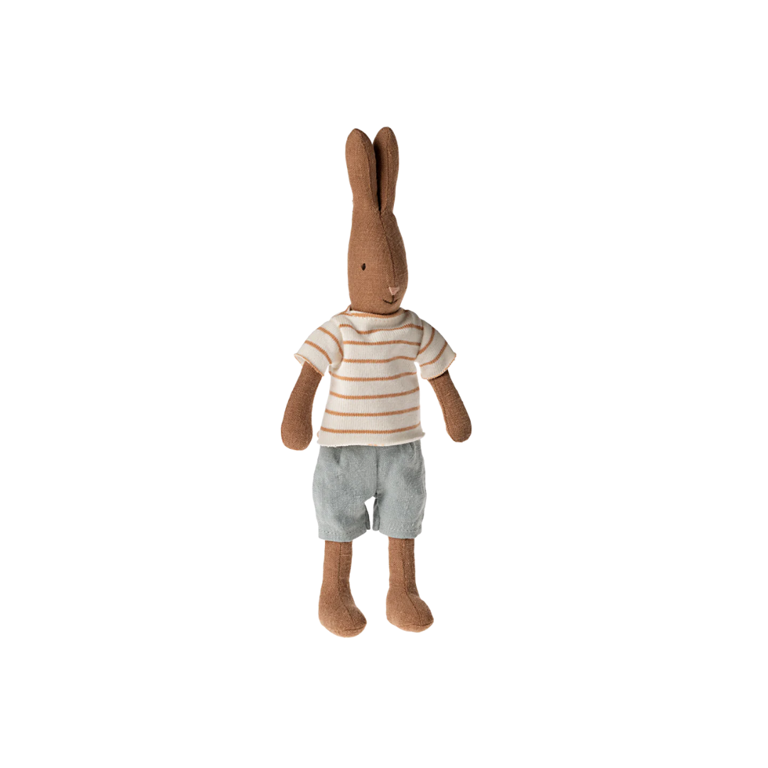 Maileg Rabbit size 1, Chocolate brown - Striped top and shorts