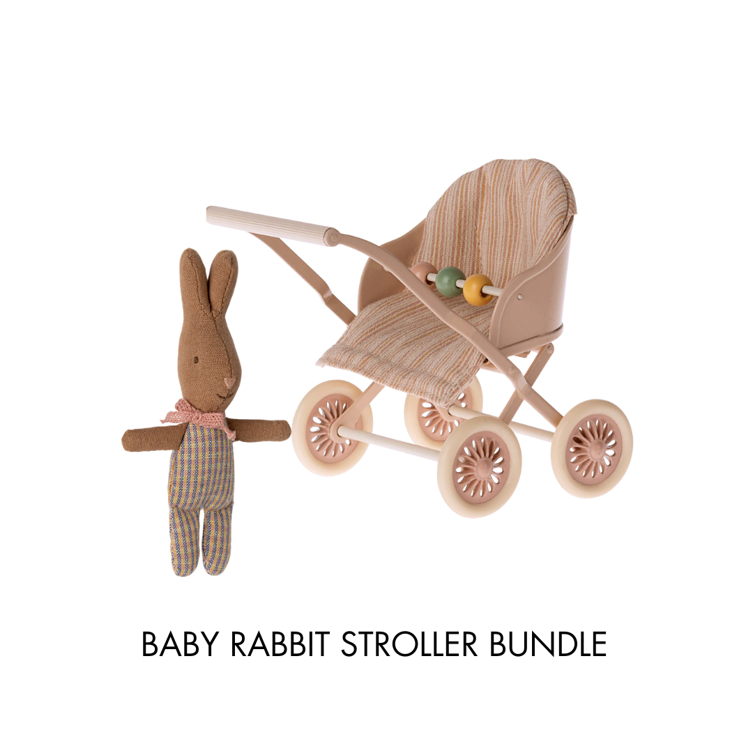 Maileg Baby Rabbit Stroller Bundle, Rose