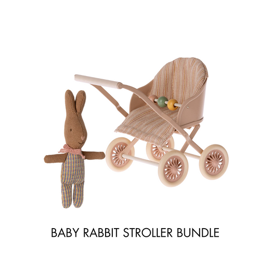 Maileg Baby Rabbit Stroller Bundle, Rose