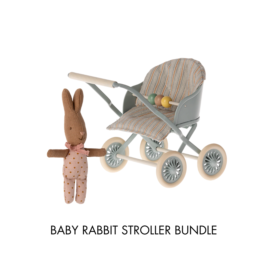 Maileg Baby Rabbit Stroller Bundle, Blue