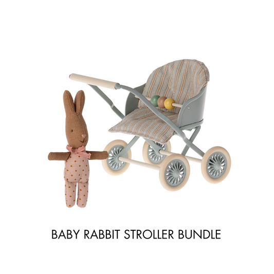 Maileg Baby Rabbit Stroller Bundle, Blue