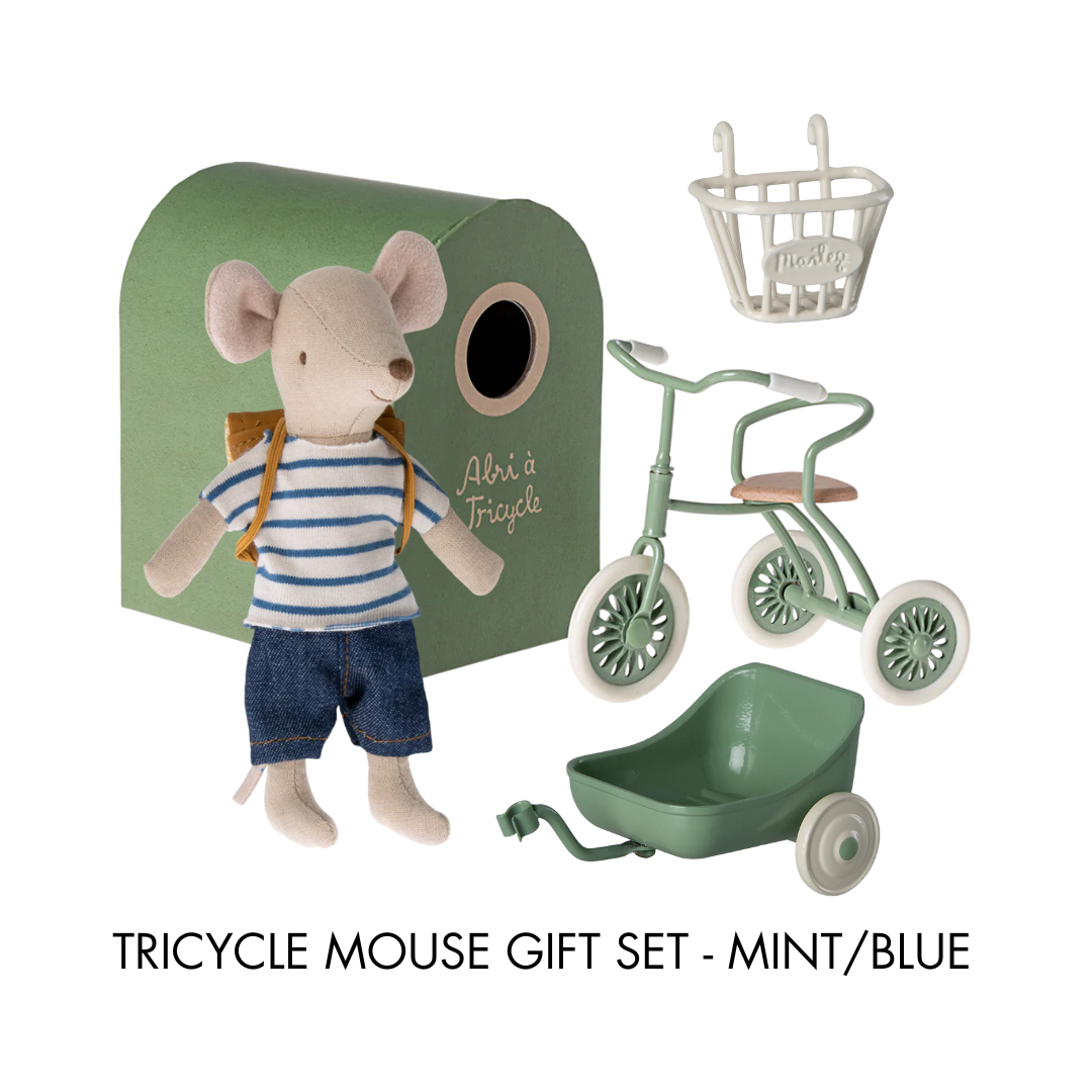 Maileg Tricycle Mouse Gift Set - Mint/Blue
