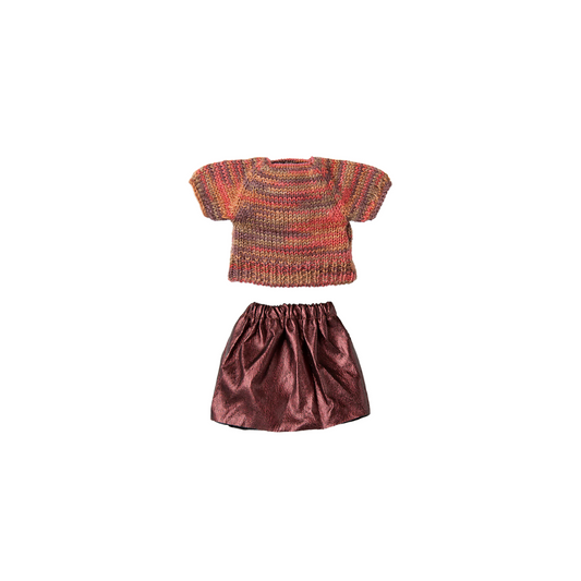 Maileg mum mouse dress up outfit, multicoloured knitted top and shiny shirt. From Maileg SS25 collection