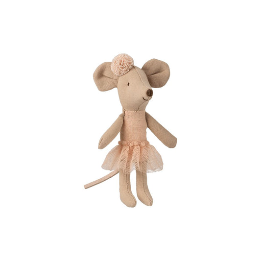 Maileg little sister ballerina mouse wearing a pink pom pom and tutu