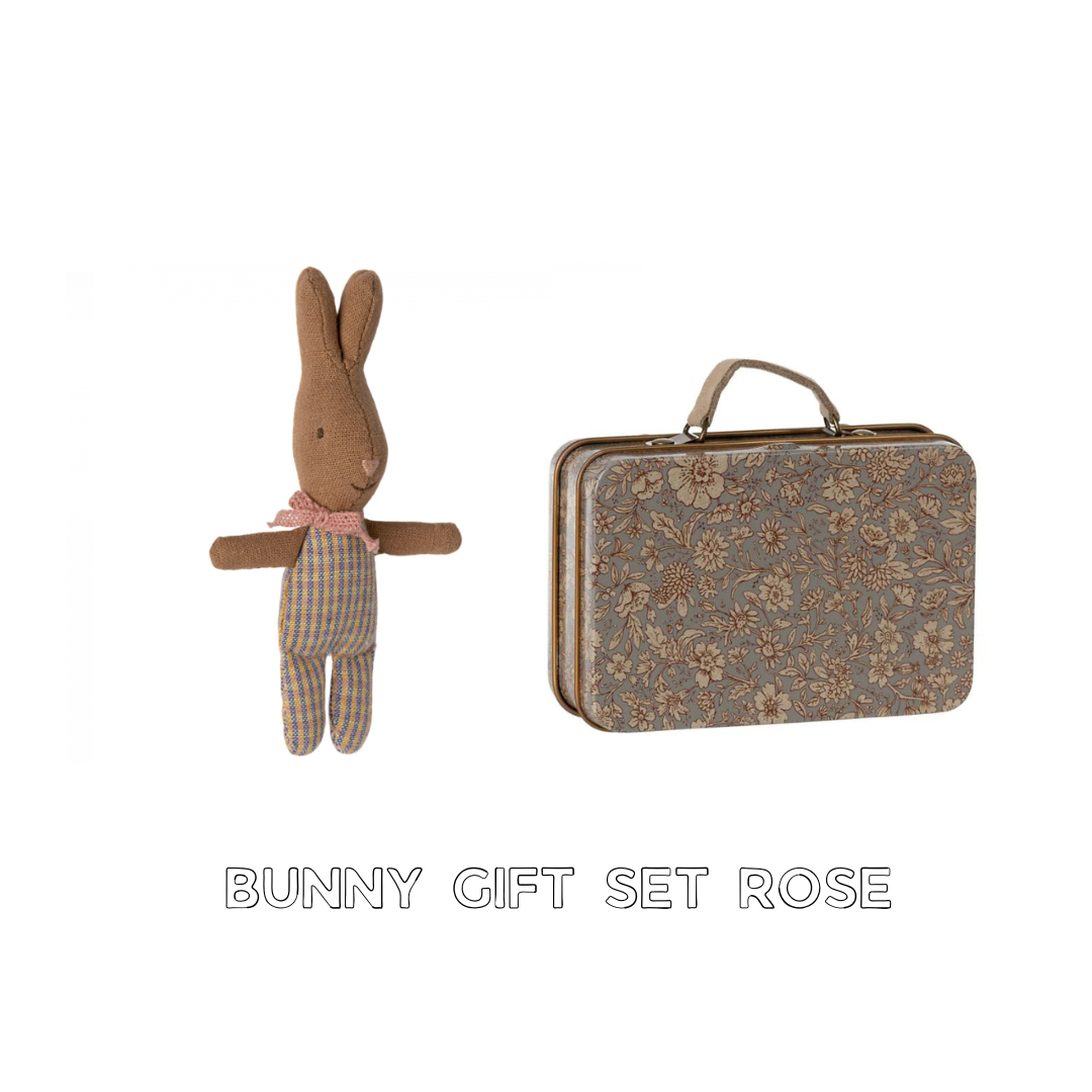 Maileg easter gift, Maileg rabbit in rose checked outfit and suitcase tin