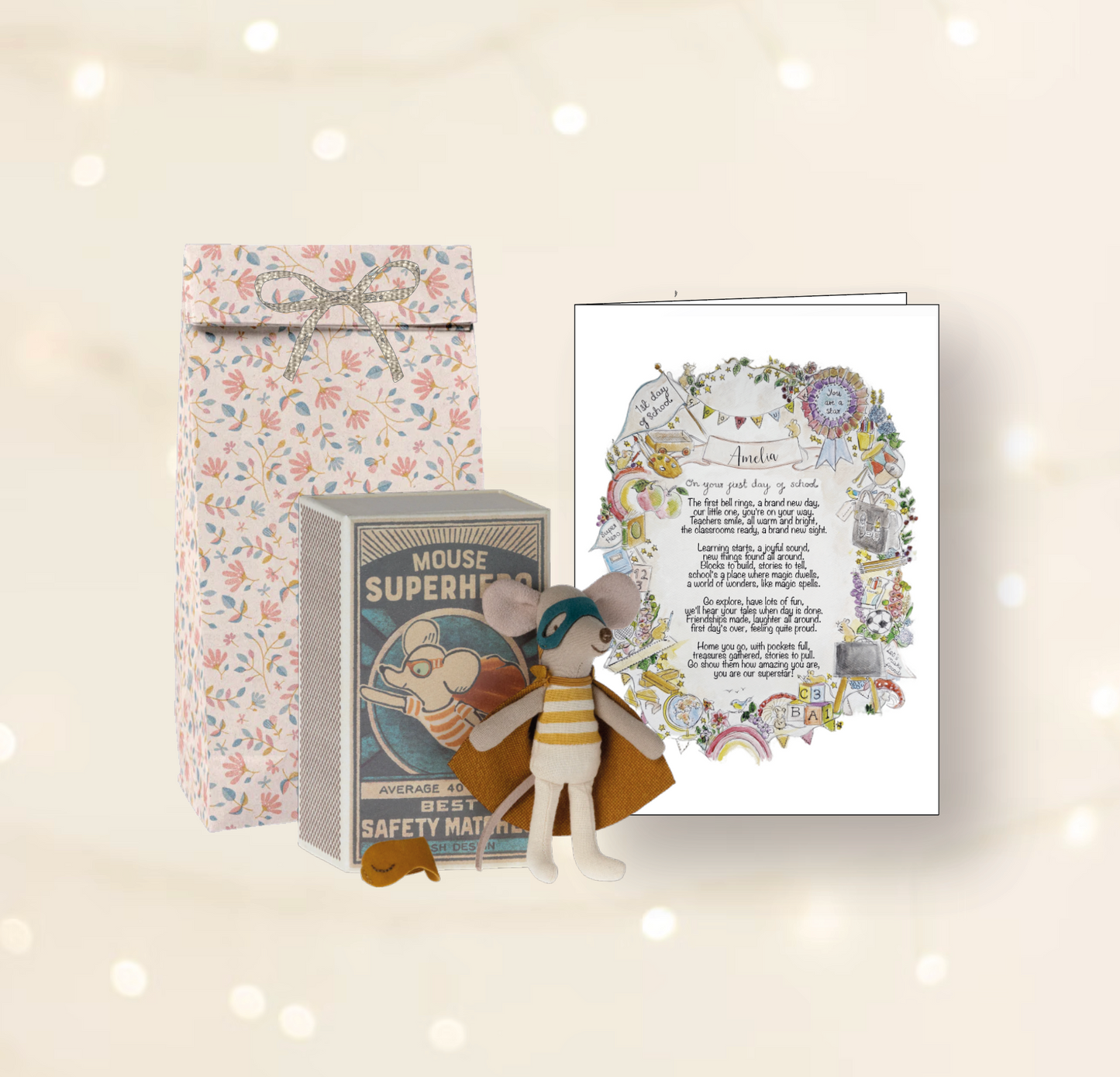 Maileg Superhero First Day of School Gift Set: Mouse, Card & Bag