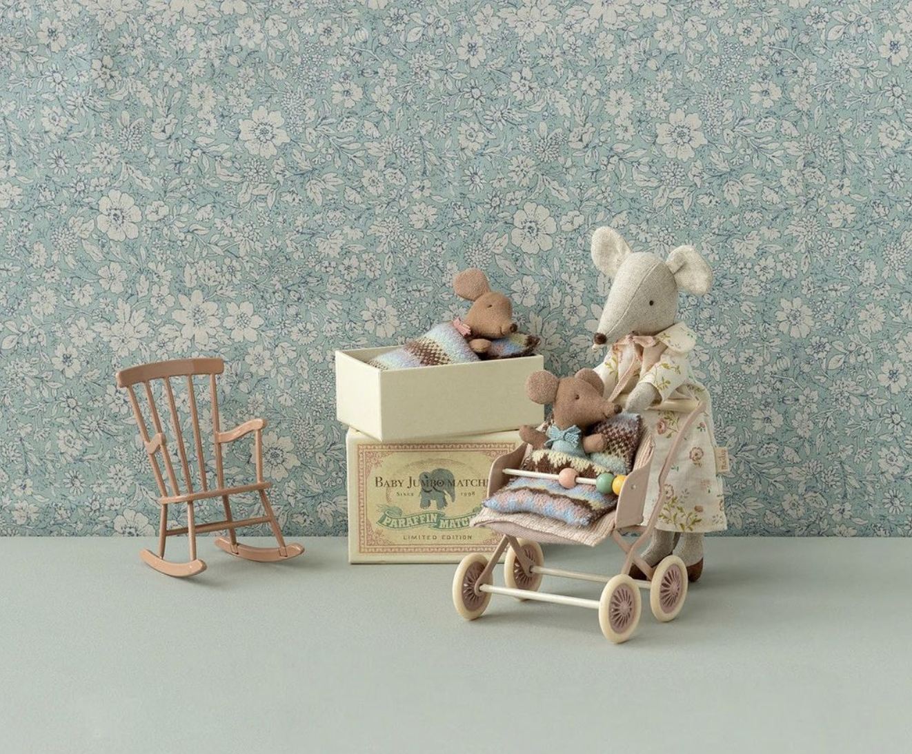 Maileg sleepy wakey babies with Maileg mother mouse in pushchairs