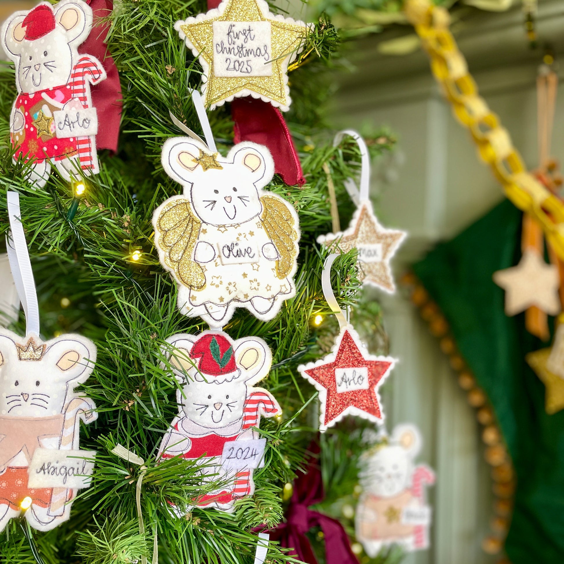 Decorative Christmas tree ornaments with mice, a personalised name mouse decoration which is hand embroidered with a Childs name