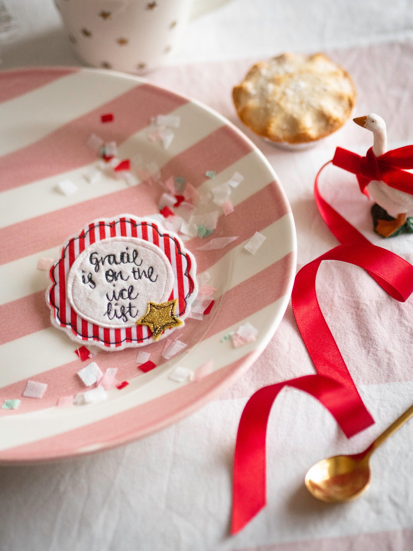 Girl Friday Embroidery Personalised Nice List Christmas freehand embroidered handmade rosette badge