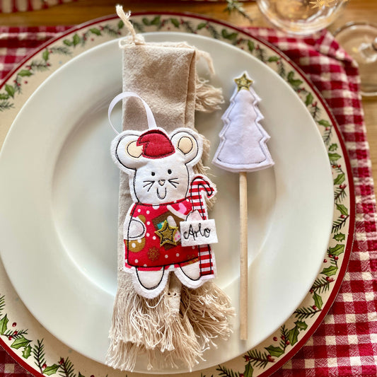 Decorative Mrs Christmas mouse Christmas tree decoration, red outfit mouse with a personalised name by Girl Friday embroidery at Mouse in a Box 