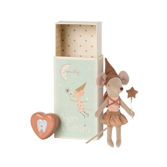 Maileg tooth fairy girl mouse in a matchbox with keepsake tin