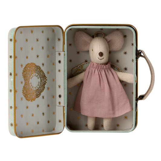 Maileg angel mouse wearing a pink dress in a suitcase 