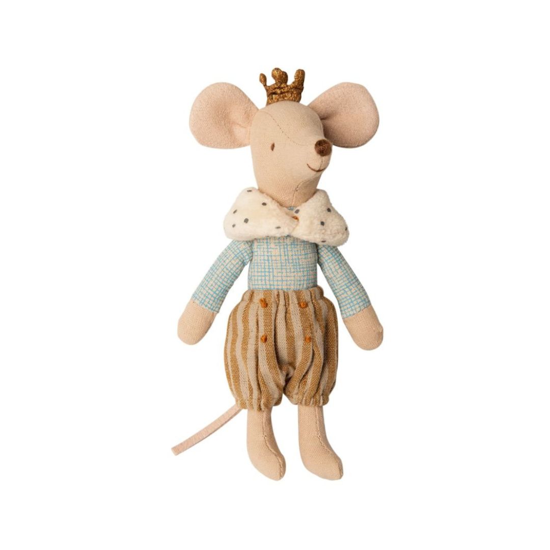 Maileg royal prince mouse with a crown and fluffy jacket 