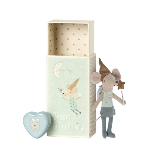 Maileg tooth fairy boy mouse in a matchbox