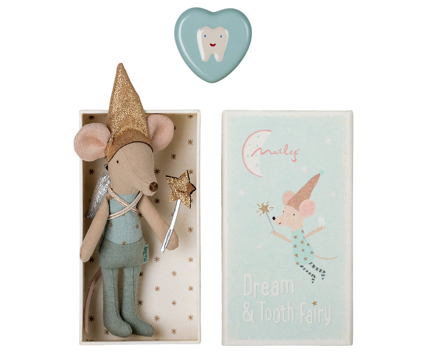 Maileg tooth fairy boy mouse in a matchbox with keepsake tin