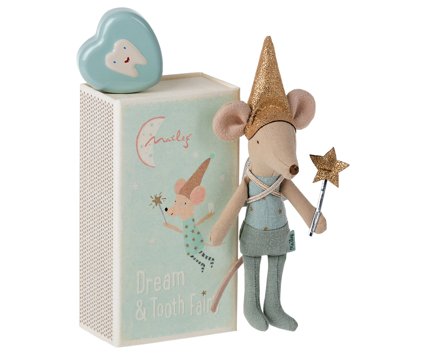 Maileg tooth fairy boy mouse with a wand and little keepsake box